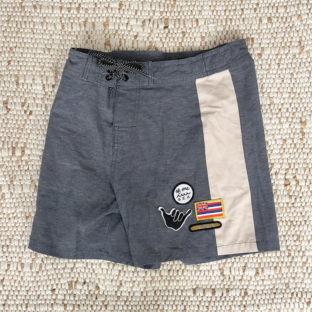 🌊 Of One Sea 🌊 Boys Townshort Swim Trunks Slate Gray Tan Stripe Sz 26 (L)